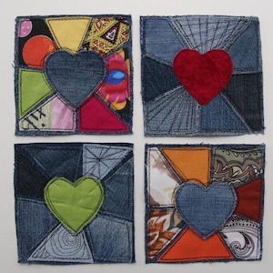 Parches de mezclilla reciclada con apliques textiles, parches de corazón de mezclilla reciclada, apliques de corazón de tela coloridos, parches de corazón para coser