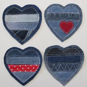 Parches de mezclilla reciclada con forma de corazón, parches de corazón a rayas originales, parches de retales para jeans, parches de amor de mezclilla, apliques de corazón
