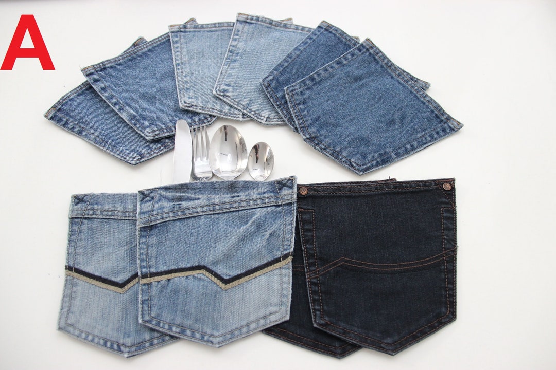 10 Large Jean Pocket Utensil Holder , Denim Party Decor , Denim Wedding