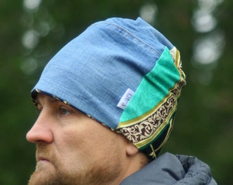 Chapeau vert bleu de bonnet, bonnet slouch, chapeaux occasionnels, chapeau de montre baggy, chapeau slouchy unisex, chapeau de hipster, chapeau recyclé vers le haut de denim