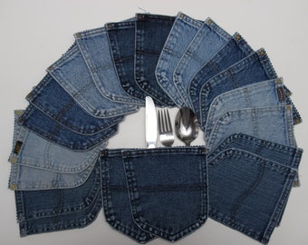 20 bolsos para jeans Lee & Riders, decoração para churrasco em jeans, porta-utensílios em jeans, decoração para mesa em jeans, bolsos em jeans reciclado, decoração para bolsos em jeans