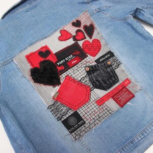 Parche de corazones de mezclilla y encaje negro y rojo, parche grande de retales de mezclilla para coser, aplique para jeans, parche de amor con mensaje, parche trasero para chaqueta de jeans