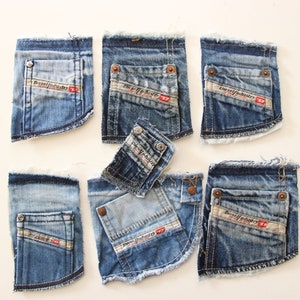 Pacchetto di 7 tasche portamonete per pantaloni in denim Diesel, piccole tasche di jeans, pacchetto di scarti di denim, set di tasche, fai da te in denim, pacchetto di scarti di denim, fai da te in denim
