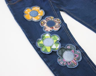 Colorful Flower Patches On Recycled Denim Base , Freemotion Floral Patches , Hippie Flower Patches , Up-cycled Denim Flower Ornaments