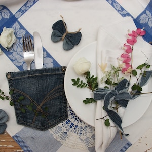 10 portautensili tascabili in denim, decorazioni per la tavola per feste, portaposate tascabili in denim, decorazioni per feste da cowboy, decorazioni per la tavola di nozze in denim