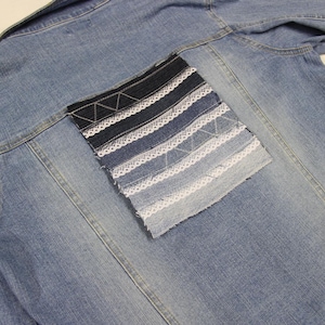 Minimalist Denim Patch With Lace , Ombre Sew On Jeans Applique , Handmade Textile Embellishment For Clothes