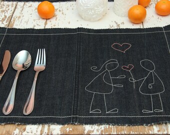 Denim 2 pieces napkin set , handmade placemats , lovers napkins , love theme , denim table mats , table serviette , fun napkins , placemats