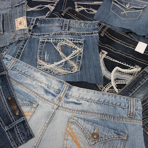 Pezzi di denim di recupero con tasche posteriori, tasche per riutilizzo, componente per la realizzazione di borse, artigianato in denim, tasche posteriori in denim, fai da te in denim