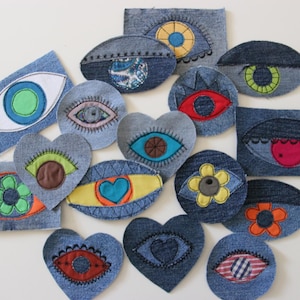 Recycled Denim Eye Patches , Colorful Evil Eye Appliques , Freemotion Machine Embroidered Patches , Patches for Jackets And Backpacks