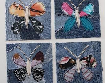 Kleurrijke textiel vlinder naai op patches op denim basis, kleurrijke zomer patches, gerecyclede denim patches, stoffen vlinder applicaties