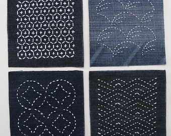 Patchs brodés à la main en denim recyclé selon la technique Sashiko Boro, patchs décoratifs pour jeans, patchs en denim à coudre, patchs de réparation artisanaux