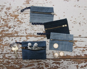 Denim Coins Purse , Recycled Denim Wallet , Small Denim Zipped Pouch , Denim Small Purse , Denim Case , Denim Key Pouch , Denim Key Ring