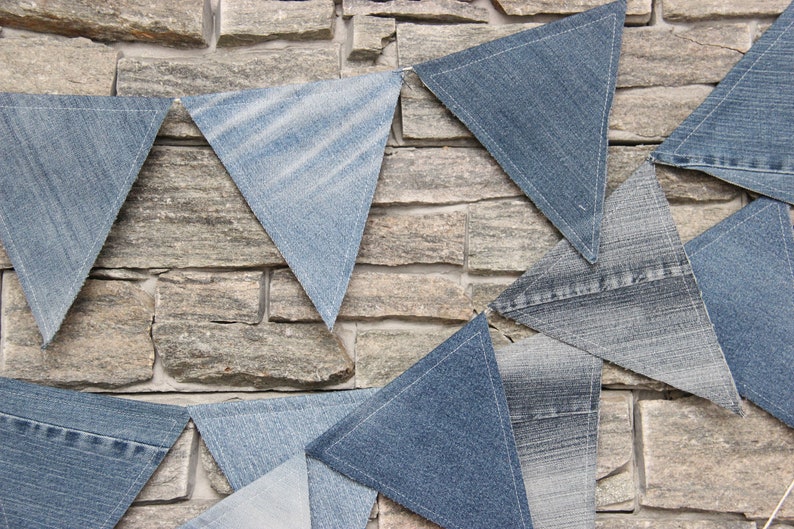 Recycelte Denim-Flaggen-Girlande, Denim-Wimpelkette, Denim-Wimpelbanner, Denim-Strandhaus-Dekoration, Kinderzimmer-Girlande, Denim-Hochzeitsdekoration Bild 4