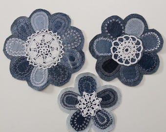 Parches de flores de mezclilla reciclada y tapete de ganchillo, parches de flores de mezclilla para coser, parches de mezclilla reutilizados, parches de flores de mezclilla para acolchado