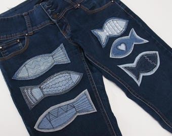 Gerecyclede vispatches van denim, unieke vispatches om op te naaien, patches van denimresten, geborduurde denimpatches, decoratieve patches voor jeans