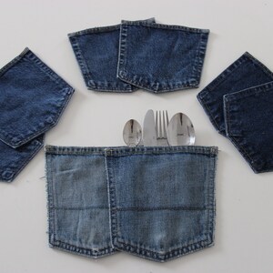 8 große Jeanstaschen, Denim-Serviettenhalter, Denim-Geschirr-Dekor, Bauernhaus-Dekor, Land-Hochzeits-Dekor, Grill-Dekor, Denim-Party