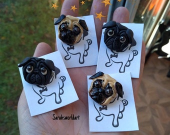 Fawn or Black polymer clay Pug badges