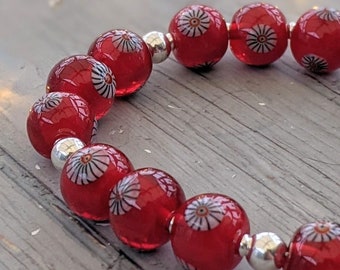 RED, handmade glass bead and silver bracelet, by Beach Art Glass in the UK