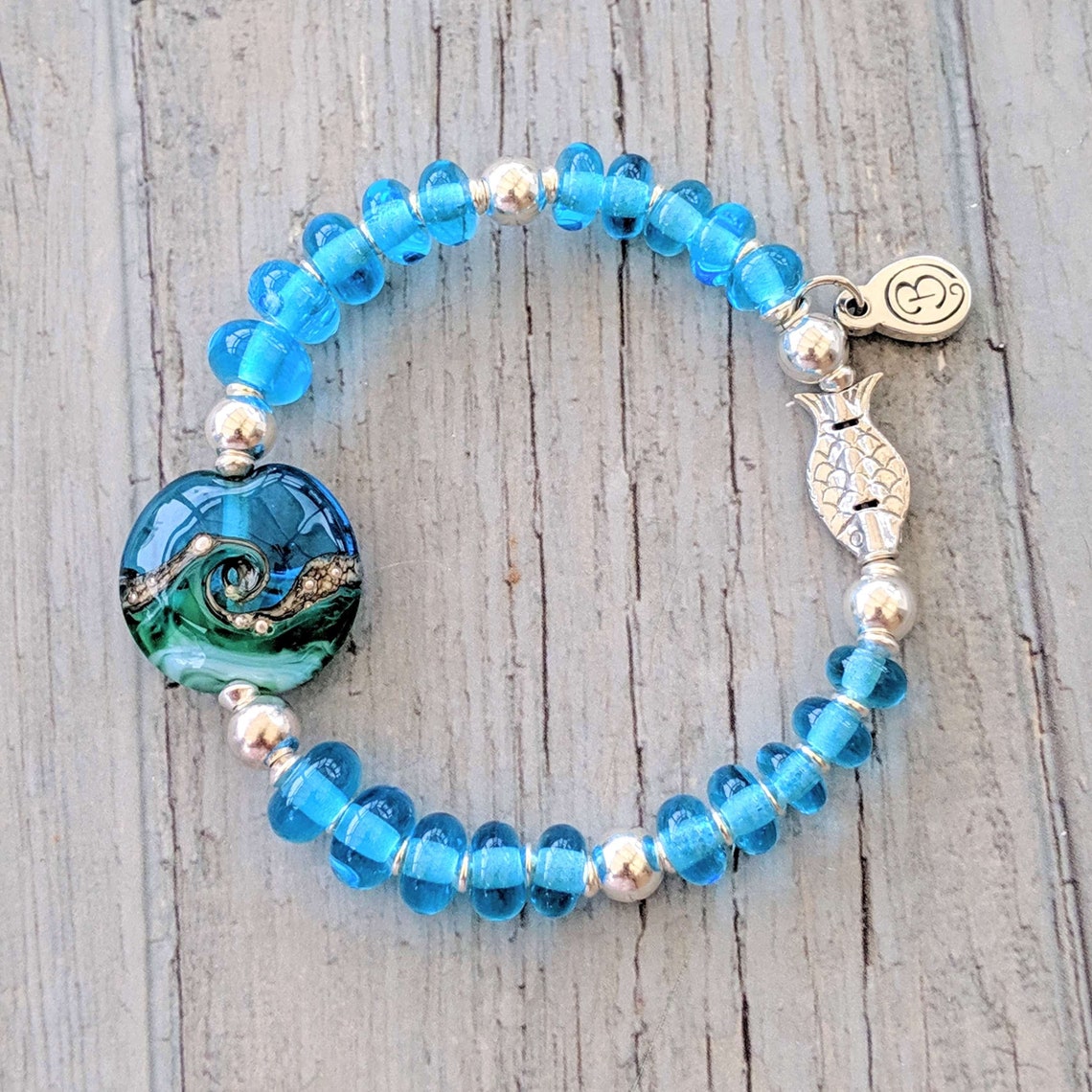 Deep Blue Sea Silver Fish Bracelet Handmade Glass Beads Beach - Etsy