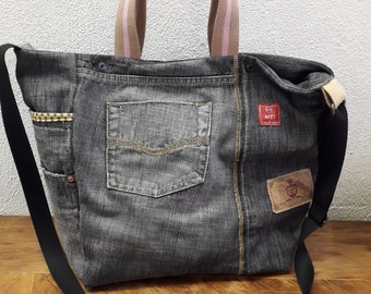 Sac cabas jean noir C17 recyclé bandoulière