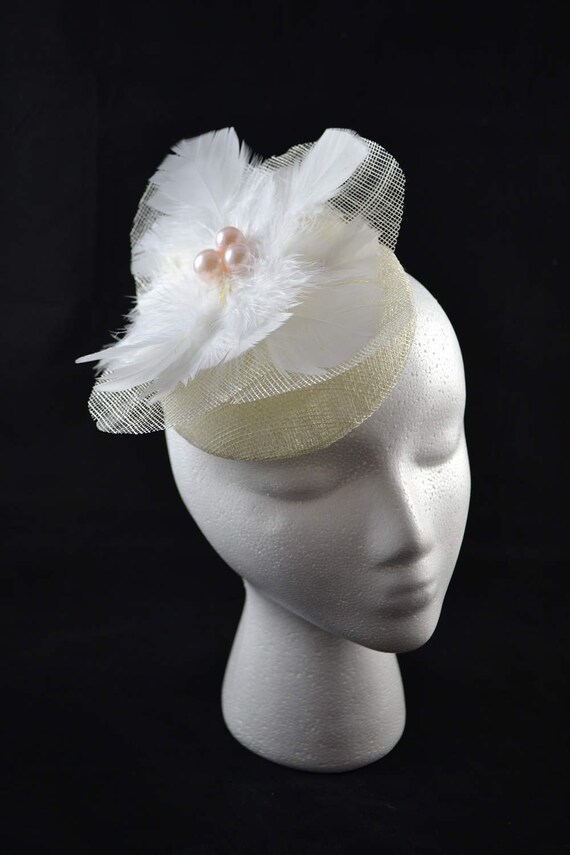 White Fascinator With Pearls \u0026 Feathers 