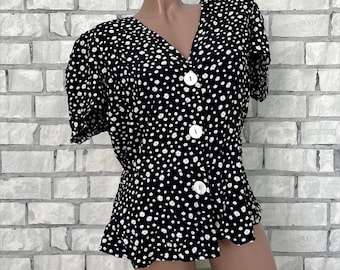 Vintage Daisy Print Blouse, Black and White Floral Top (L/XL)