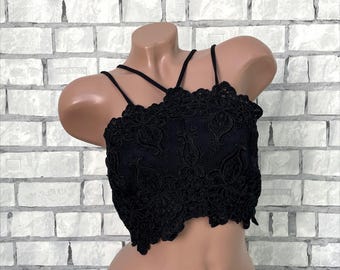 Vintage womens gothic size  S/XS  black lace party evening goth crop tank Halter top