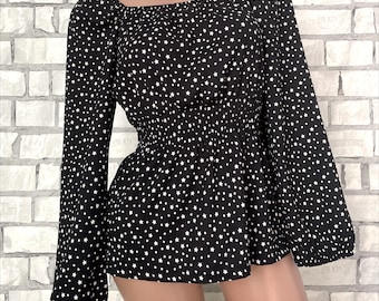 Vintage Star Print Blouse, Long Sleeve Elegant Top, Size S