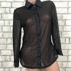 Womens transparent blouse M collared blouse long sleeve top black top goth gothic top  evening blouse polka dot blouse sexy blouse