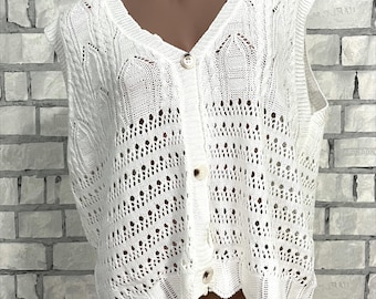 womens knitted vest 2XL sleeveless vest knitted beach cover up beach top boho top crochet top knit Vest beige vest hand knited vest