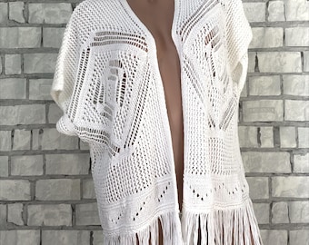 Vintage Crochet Fringe Cardigan, 3XL Boho Beach Cover-Up