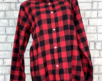 Vintage 2XL Red Gingham Cotton Blouse, Long Sleeve Collared Shirt
