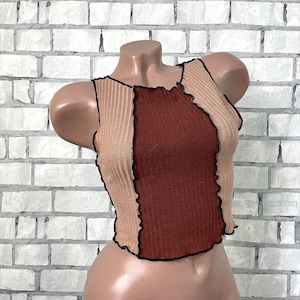 Vintage womens patchwork size XS beach sun summer tank crop sleeveless Upcycled Ribbed Raw Edge top