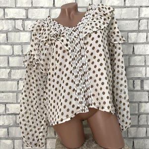 Womens Casual Blouse XL long sleeve blouse Ruffle beige gold blouse polka dot secretary business formal blouse Office Blouse elegant Blouse