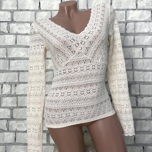 Beige Lace Blouse XS/S womens blouse beige lace top party evening sexy blouse transparent top long sleeve top womens top summer top