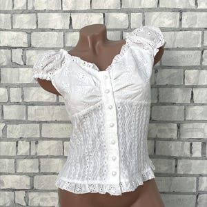 womens top S womens blouse womens white shirt white blouse Retro blouse white Top Classic blouse white lace blouse evening  blouse
