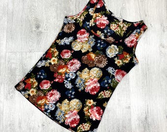 Vintage Floral Print Tank Top, XS Sleeveless Blouse