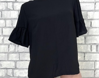 Vintage Black Ruffle Sleeve Blouse, Office Secretary Top (L)
