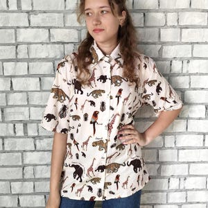 womens collared blouse L safari print top animal print top safari blouse animal blouse tiger giraffe elephant parrot bee print blouse