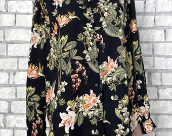 womens collared blouse L womens long sleeve top floral print secretary business formal office blouse hummingbird print blouse casual blouse