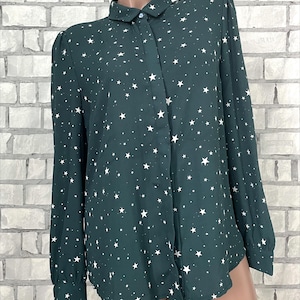 Womens Casual Blouse L womens blouse star galaxy print blouse green white blouse  secretary business formal office blouse collared blouse