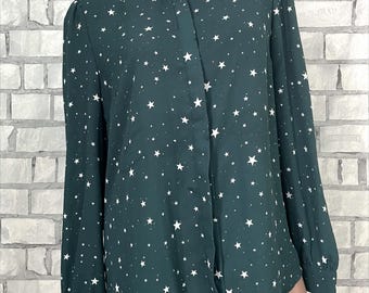 Vintage Star Galaxy Print Blouse, Green Secretary Blouse (L)