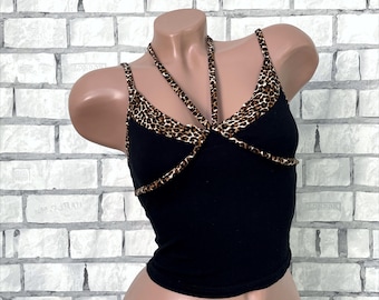 Vintage womens  leopard print size XS tie cotton sleeveless Halter evening tank summer sun crop top