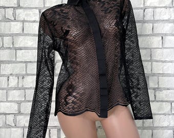 black Lace Blouse M womens blouse Vintage party evening sexy blouse gothic top goth gothic Blouse collared blouse