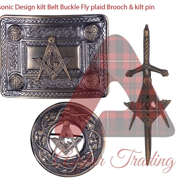 Scottish traditional kilt Accessories - Kilt Belt Buckle\Kilt Pin With Fly Plaid Brooch - Brass Antique Finish Masonic Badge Set