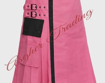 Handmade Pink Cotton Utility Kilt: Hybrid Style Modern Kilt & Custom Size