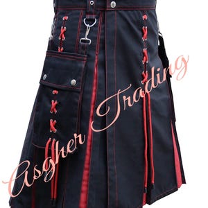 Handmade Black and Red Cotton Utility Kilt - Custom Size