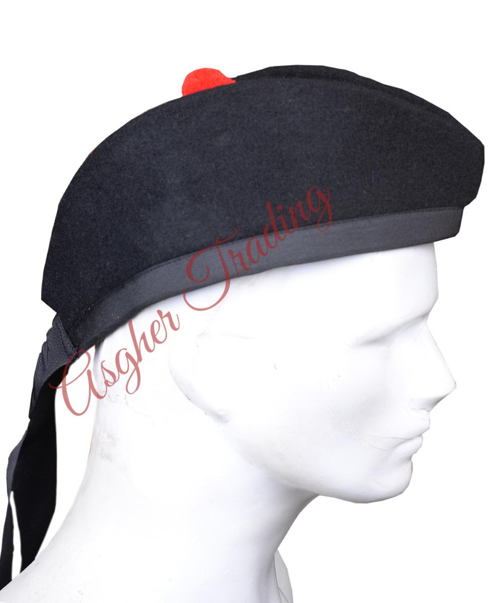 Chapeau Glengarry Écossais En Laine Noire - Toorie Rouge & Ruban Traditionnel - Highland Scots Cap Avec Pompon