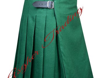 Handmade Scottish Forest Green Wool Kilt: Traditional Highland Dress, Made to Order