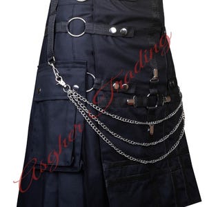 Black Gothic Utility Kilt with Pockets - Scottish Men's Black Cotton Tactical Kilt, Utility Kilt with Chains - Handmade Kilt Made To Order